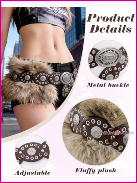 Faux Fur Studded Leather Belt, Adjustable Pin Buckle, Y2K Punk Renaissance main image 7
